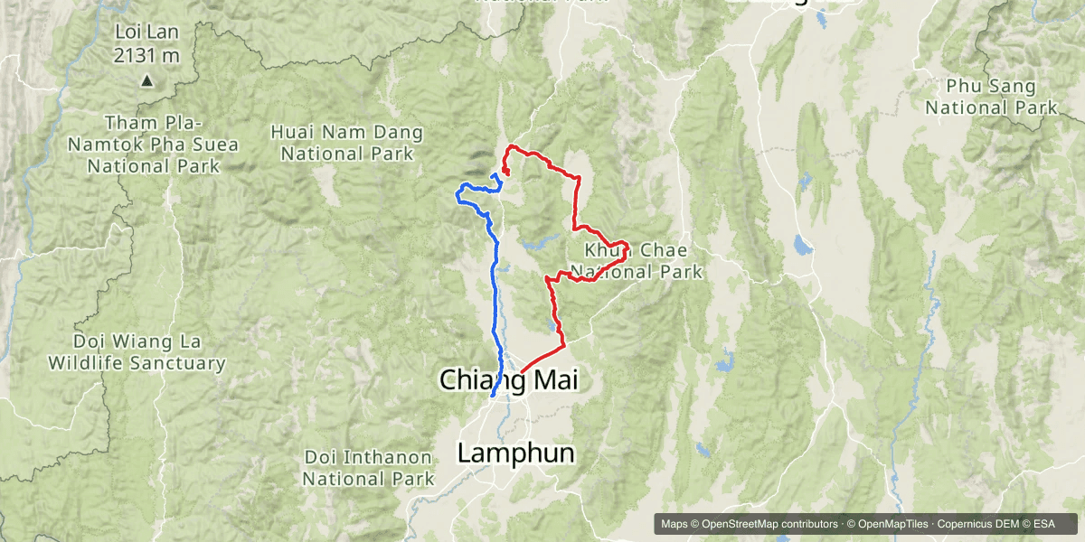 The full 290 km loop. Saturday in blue (Chiang Mai up through the tea estate to Chiang Dao), Sunday in red (Chiang Dao east to Phrao and Pha Ngom, then south to Chiang Mai).