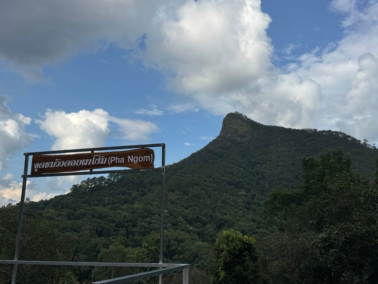 The Pha Ngom viewpoint sign, with the rock behind it.