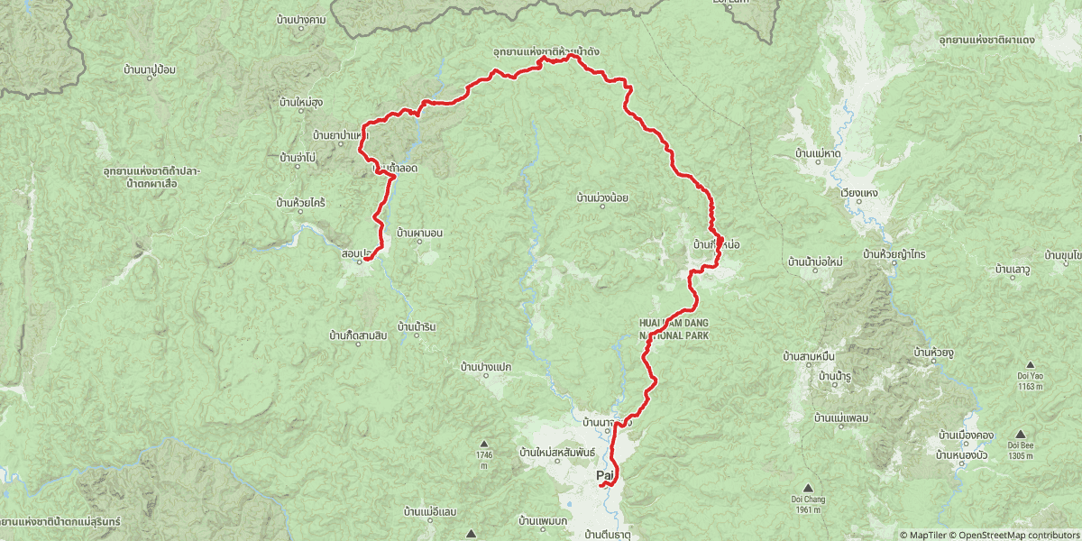 Day 2 — west of Pai into Pang Mapha district. The trail is a network of singletrack and forest roads that loops further than it looks on the map.