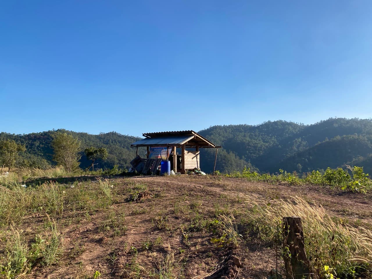 A hillside shack in the golden hour.