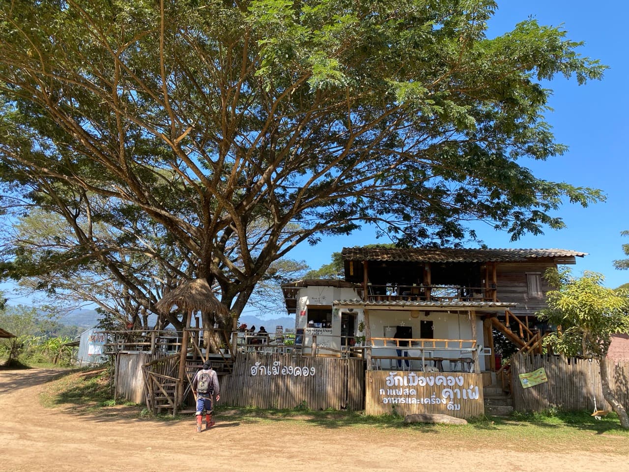 A wooden hilltribe café in Muang Khong — coffee, fried bananas, recovery time.