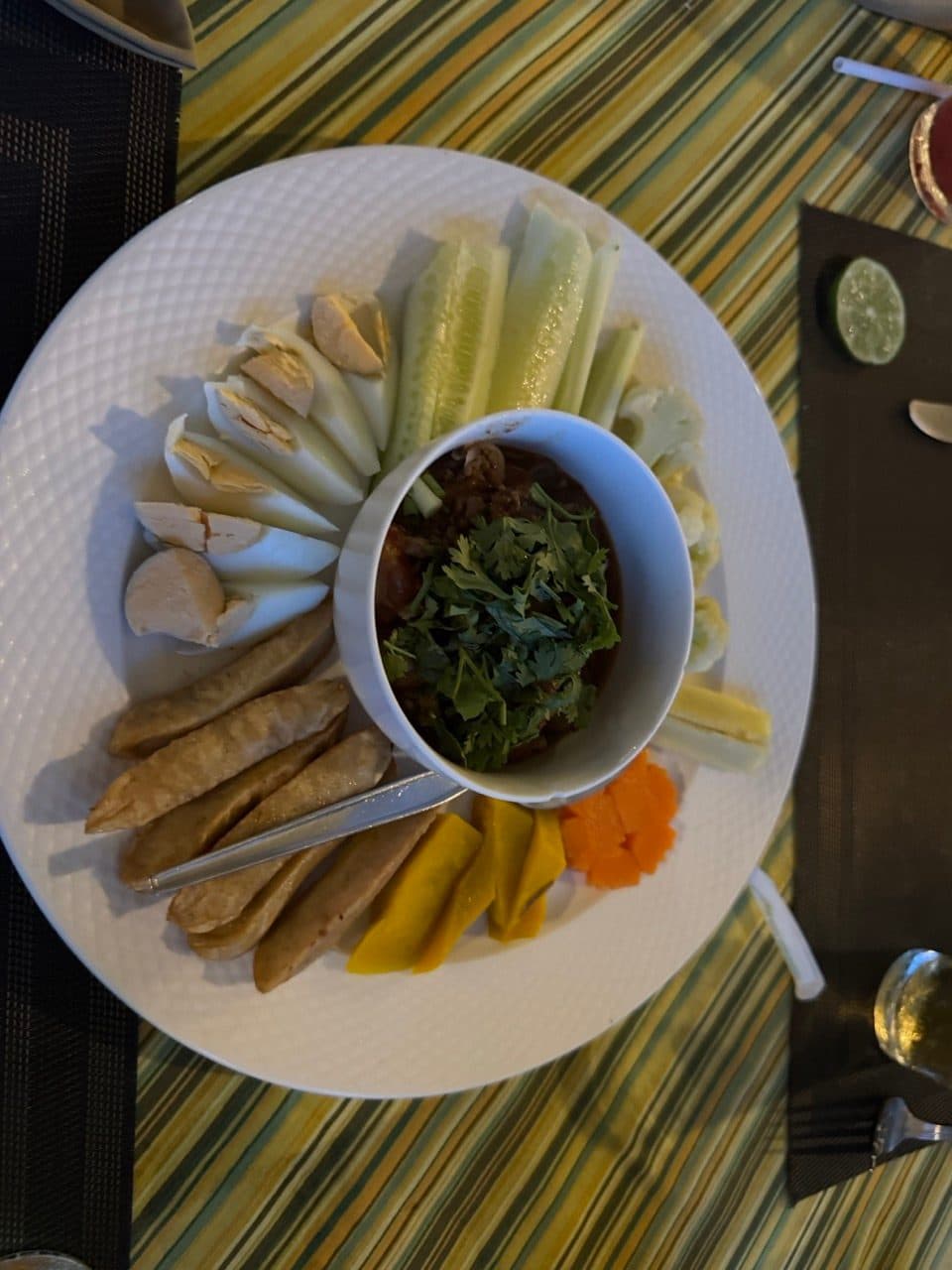 Nam prik with vegetables, egg and crisps to start.