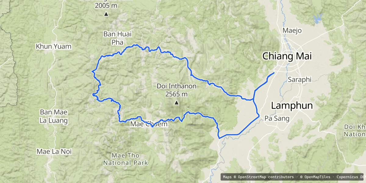 The day — west out of Hang Dong, the loop through Mae Chaem and the Mae Hong Son border, then home over Doi Inthanon.