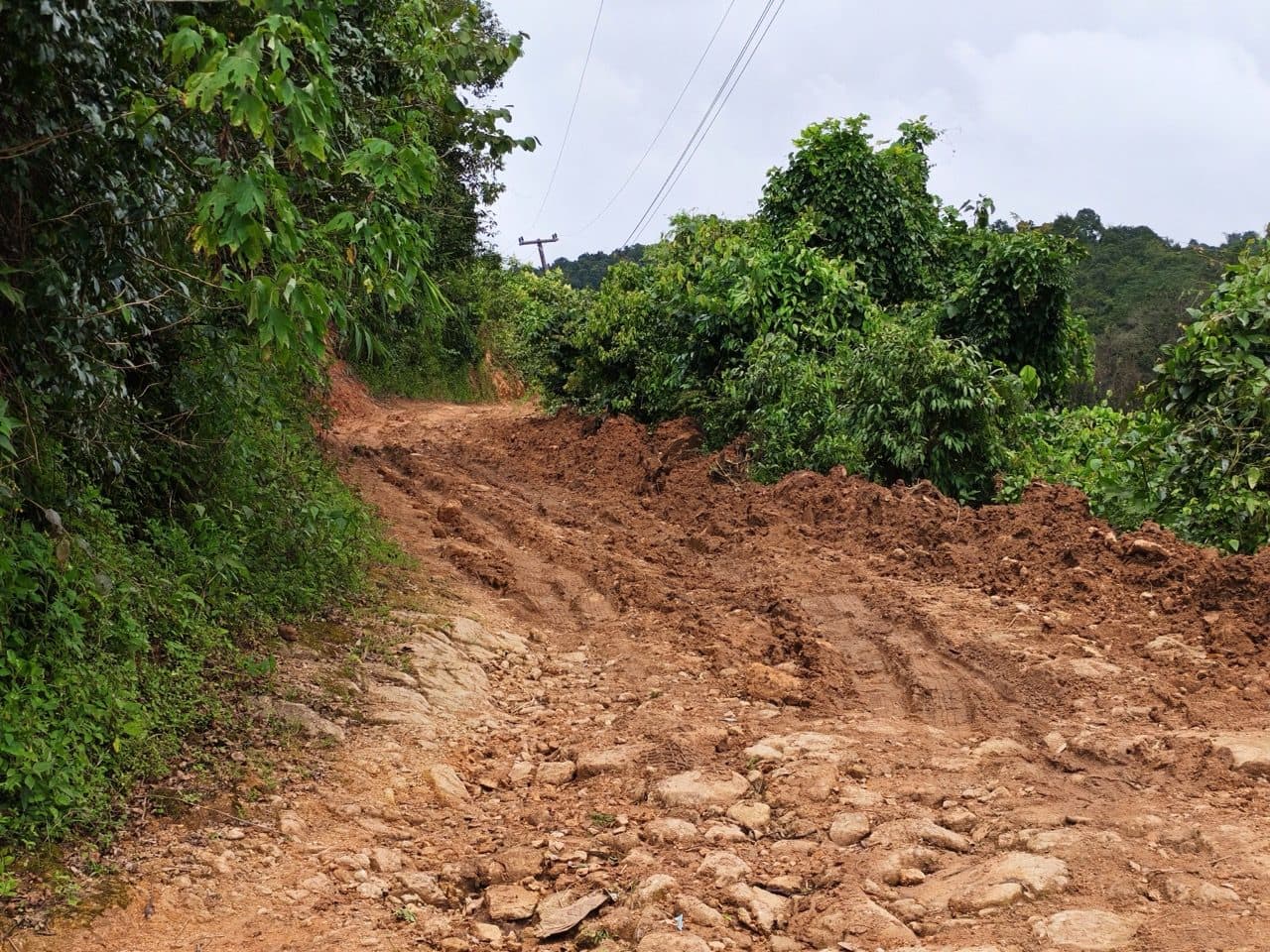 Freshly bulldozed and strewn with rock.
