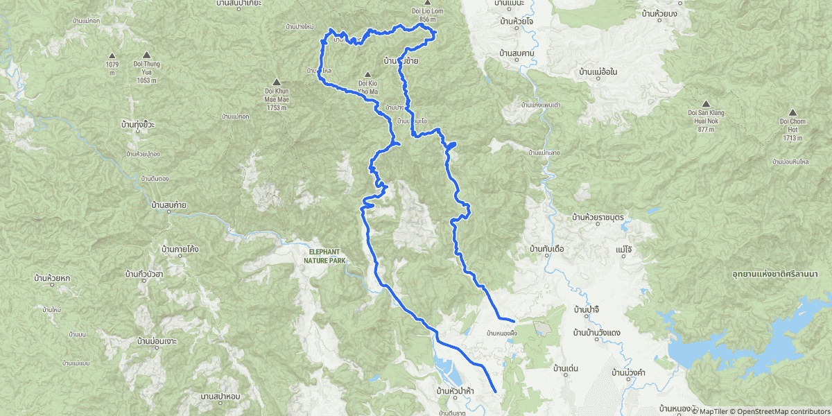 The full loop — north out of Mae Taeng, west over the ridge, and back down.