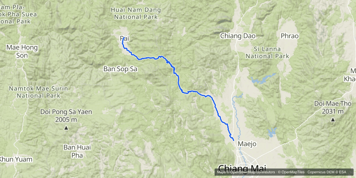 Day one, Mae Rim up the 1095 to Pai. The first 20 km out of Chiang Mai are not in the track.