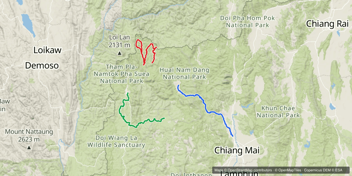 The whole trip — Day 1 blue (Chiang Mai up the 1095 to Pai), Day 2 red (Ban Jabo north to the border, then the Ban So Bae loop), Day 3 green (Mae Hong Son south on the River Run, then east over the Tail of the Elephant).