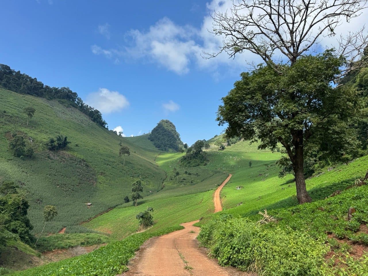 Red dirt dropping into the valley north of Ban Jabo.