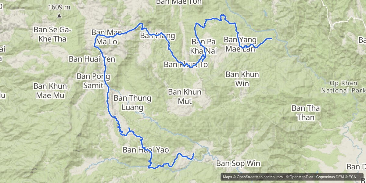 Samoeng Tai in the east, west almost as far as Mae Chaem for lunch, then south and back east into Mae Win.